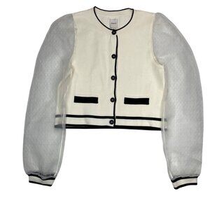 Anthropologie maeve Cream/Black Sheer Organza-Sleeve Knit Cardigan Sweater Sz M